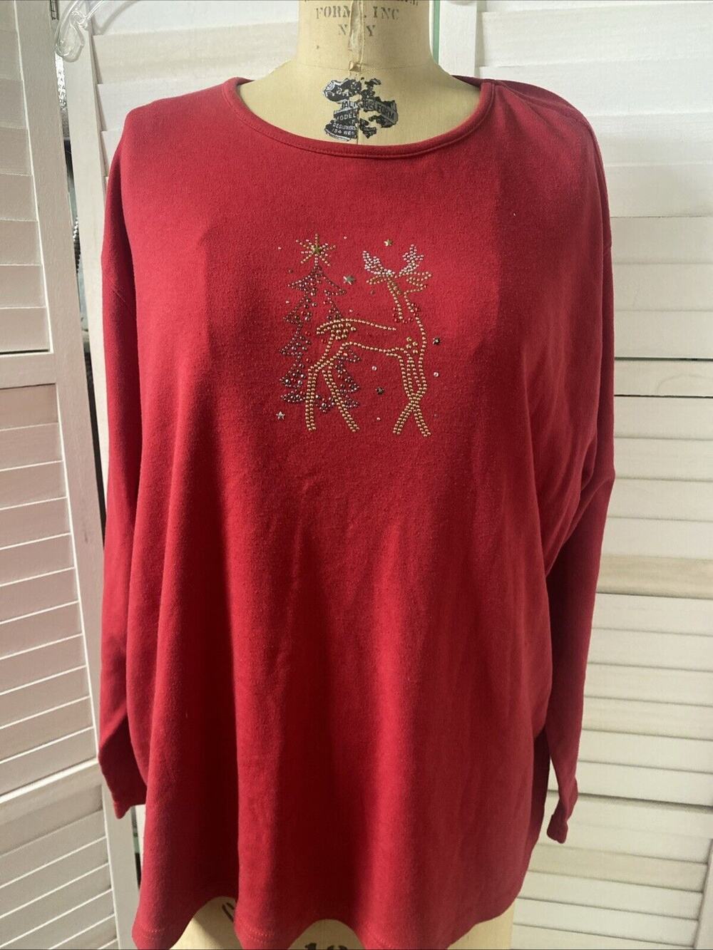 Bobby Brooks Vintage Red Knit Christmas Reindeer Bling Long Sleeve Shirt 26W/28W